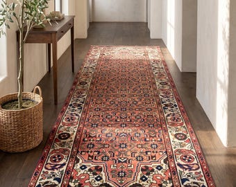 4x10 Ft Turkish Runner Rug, Red Beige Wool, Long Narrow Antique Vintage Geometric Tribal, Hallway Kitchen Entryway Stair Carpet