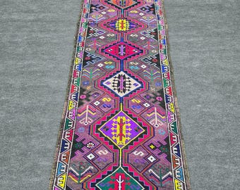 3x12 Ft Vintage Turkish Handwoven Wool Runner Rug, Vibrant Purple Fuchsia Yellow Green, Bold Geometric Tribal Medallions, Long Hallway Kitch