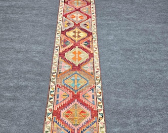 3x12 Ft Anatolian Tribal Runner Rug, Vintage Handwoven Wool Rug, Red Orange Antique Handmade Carpet, Entryway Foyer Runner