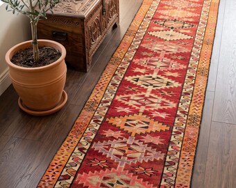 2x13 Ft Extra Long Skinny Runner, Vintage Turkish Hallway Rug, Distressed Red Geometric Entryway Kitchen Runner