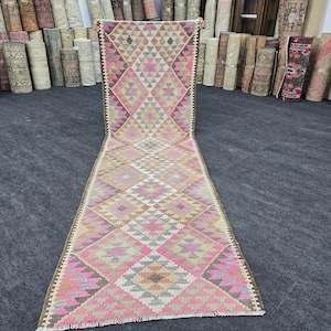 2&#39;10&quot; x 9&#39;4&quot; Pink Green Handmade Runner for Kitchen, Handwoven Vintage Turkish Runner 3x9, Oriental Colorful Antique Entryway Runner Carpet