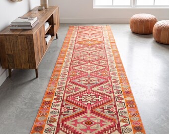 2x10 Ft Turkish Runner Rug, Long Narrow Antique Orange Red Pink Geometric Kitchen Hallway Entryway Stair Rug, Distressed Wool Carpet