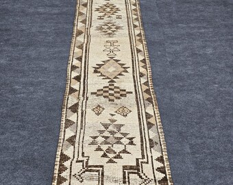 3x12 Ft Siirt Runner Rug, Turkish Long Hallway Runner, Vintage Beige Brown Wool Mohair Rug, Geometric Extra Long Kitchen Entryway Gallery Bo
