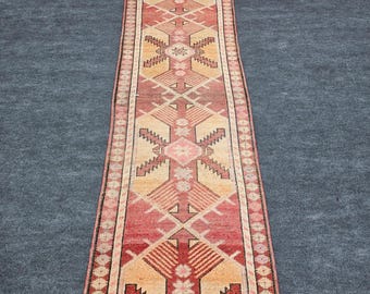 3x12 Ft Herki Runner Rug, Turkish Kilim, Red Peach Beige Geometric Tribal, Long Narrow Extra Long Hallway Kitchen Entryway, Antique Wool Vin