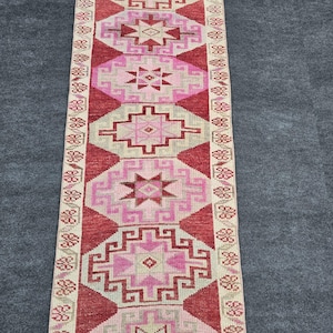 Vintage Herki Runner Rug Hand Knotted Wool Turkish Kilim Tribal Carpet Pink Red Geometric Boho Decor Long Hallway Rug 2.6x6.3 ft
