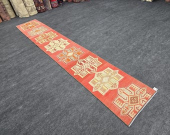 2x12 Ft Anatolian Runner Rug, Vintage Hand Knotted Wool Rug, Red Orange Traditional Vintage Rug, Narrow Hallway Runner