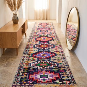3x12 Ft Herki Runner Rug, Vibrant Colorful Bohemian Tribal Geometric Handwoven Wool Carpet, Vintage Turkish Long Hallway Kitchen Entryway