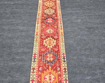 1x12 Ft Turkish Herki Kilim Runner Rug, Long Narrow Vintage Antique, Red Orange Yellow Tribal Geometric Flatweave, Hallway Kitchen Stairs Ru