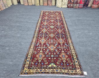 3x10 Ft Anatolian Turkish Runner Rug, Vintage Handwoven Wool Rug, Red Blue Geometric Tribal Carpet, Kitchen Island Runner