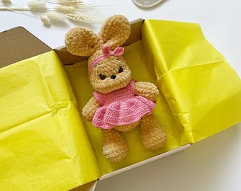Crochet Bunny Plush: Handmade Stuffed Rabbit Doll in Pink Dress