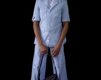 Men's Light Blue Denim Safari Suit Set, Short Sleeve Utility Jacket & Wide Leg Trousers, Modern Retro Two Piece Suit for Men