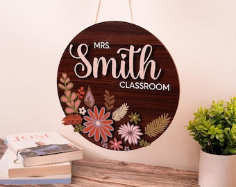 Personalized Teacher Door Sign, Custom Teacher Name Classroom Sign, Wooden Floral Door Hanger, Teacher Classroom Decor Gift
