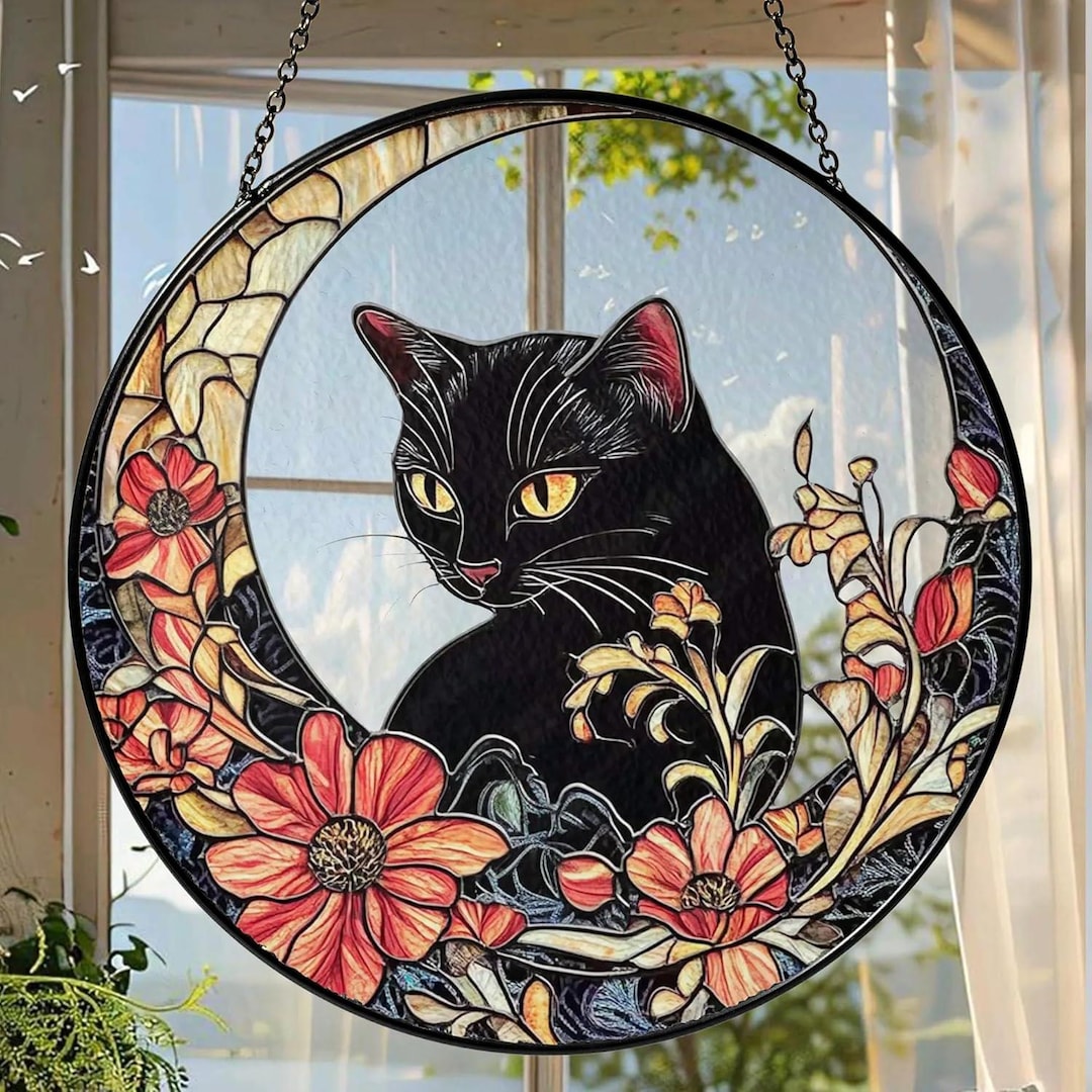 Black Cat Suncatcher, Stained Glass Style Cat Window Hanging, Floral ...