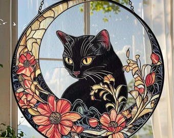 Black Cat Suncatcher, Stained Glass Style Cat Window Hanging, Floral Black Cat Decor, Cat Lover Gift, Gothic Home Decor