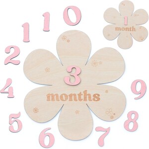 Wooden Photo Prop with Pink Numbers –Baby Monthly Milestone Flower Sign –  Newborn Growth Tracker Gift for Baby, New Mom Gift, Newborn Gift.