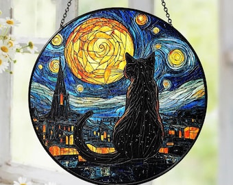 Black Cat Suncatcher, Van Gogh Starry Night Style, Stained Glass Window Hanging, Witchy Cat Lover Gift, Gothic Decor