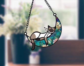 Acrylic Cat Suncatcher – Crescent Moon Floral Window Ornament, Cute Sun Catcher Gift for Cat Lovers, Boho Window Decoration