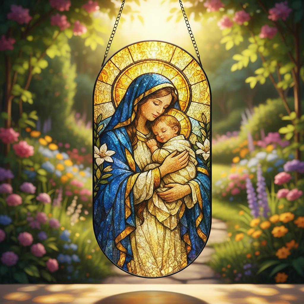 The Virgin Mary Holding Baby Jesus Stained Glass Suncatcher, Christian ...