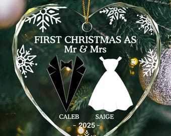 Personalized First Christmas as Mr & Mrs Glass Ornament, Custom Heart Just Married Ornament 2026, Wedding Gift for Bride and Groom, Keepsake
