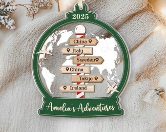 Personalized Travel Destination Ornament, Custom Wood & Acrylic Adventure KeepsakeLong Distance Family Christmas Gift, Travel Memory Decor