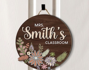 Personalized Teacher Door Sign, Custom Teacher Name Classroom Sign, Wooden Floral Door Hanger, Teacher Classroom Decor Gift
