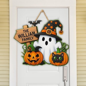 Letrero de Halloween personalizado para puerta: fantasma, calabaza y gato - Nombre familiar personalizado