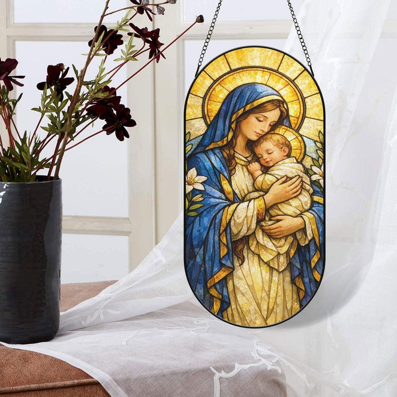 The Virgin Mary Holding Baby Jesus Stained Glass Suncatcher, Christian ...