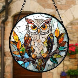 Stained Glass Window Hanging, Owl Colorful Leaves Birds Sun Catchers Diamond Glass Panel Hangings Suncatcher Decor for Birthday for Women