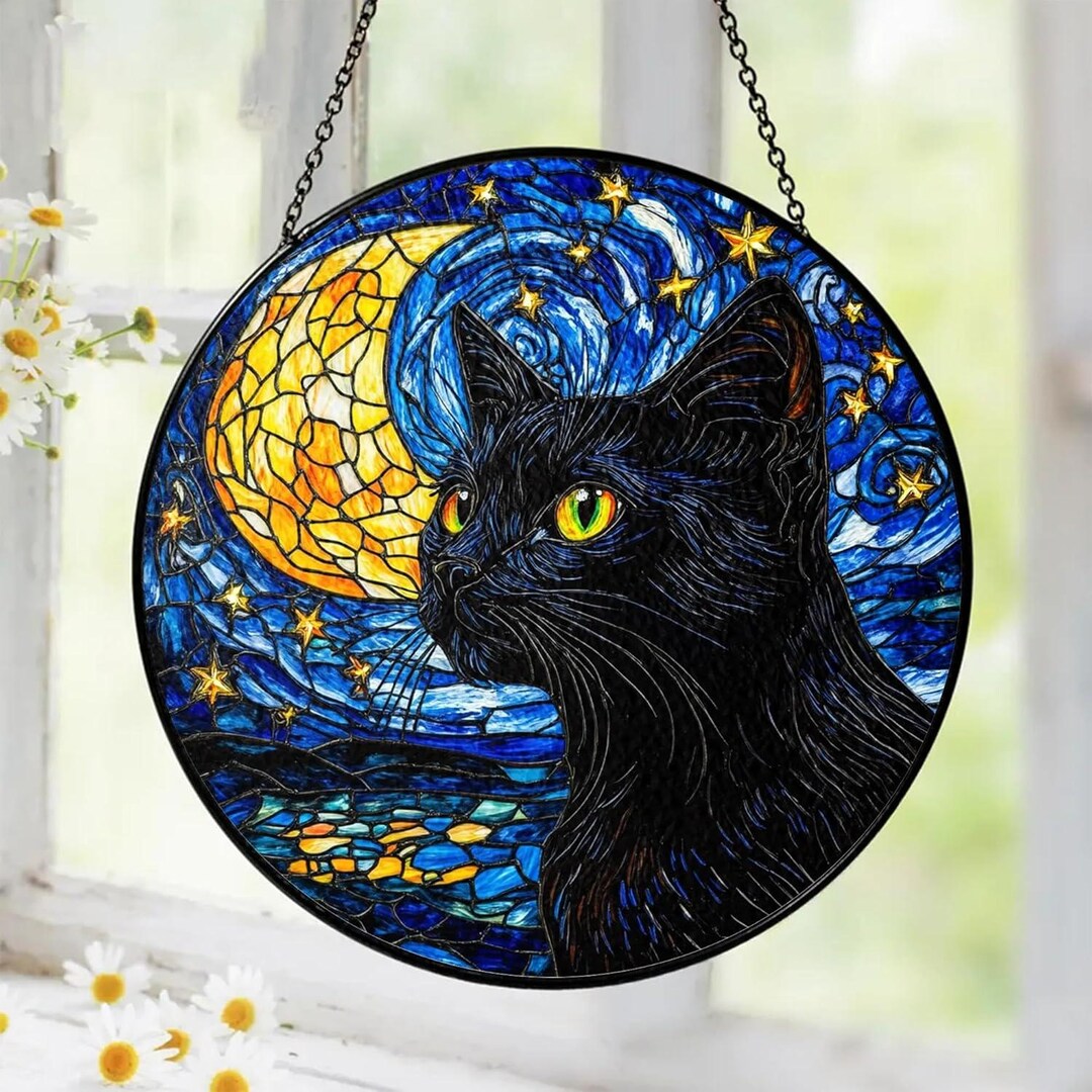 Black Cat Suncatcher, Van Gogh Starry Night Style, Stained Glass Window ...
