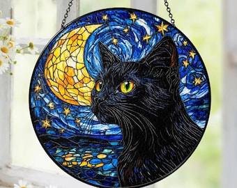 Black Cat Suncatcher, Van Gogh Starry Night Style, Stained Glass Window Hanging, Witchy Cat Lover Gift, Gothic Decorg