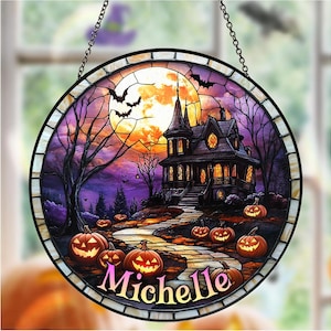 Haunted House Stained Glass Suncatcher, Spooky Pumpkin Path Design, Halloween Decor Accent, Horror Fans, Fall Gift Idea, Spooky Home Decor