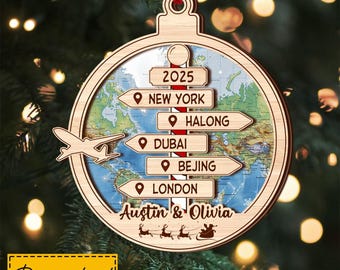 Personalized Travel Ornament Custom 2 Layer Wooden Christmas Vacation Ornaments Gift for Family, Travelers Souvenir Tree Decoration