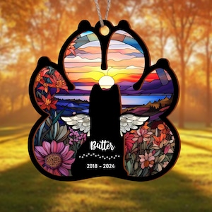 Custom Pet Memorial Paw Ornament – Personalized Dog Cat Loss Gift with Name & Dates, Stained Glass Style Pet Remembrance Décor