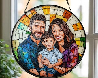 Custom Family Portrait Suncatcher from Photo | Personalized Stained Glass Window Hanging | Anniversary Gift | Home Decor