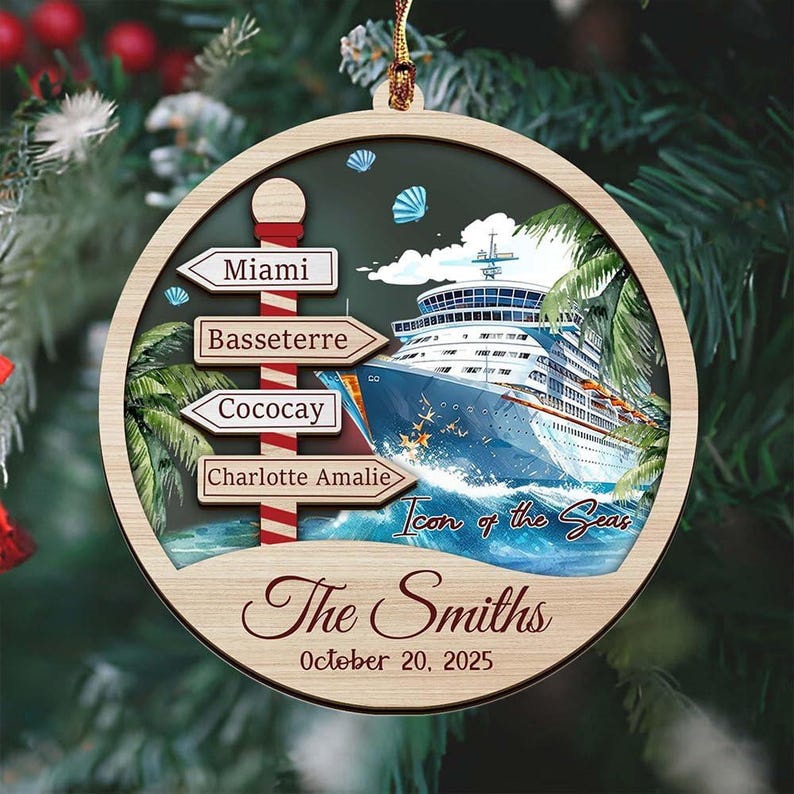 K&ouml;nnte beinhalten: Ein runder Holzanh&auml;nger mit einem Kreuzfahrtschiff, Palmen und einem rot-wei&szlig; gestreiften Wegweiser mit der Aufschrift Miami, Basseterre, Cococay und Charlotte Amalie. Er enth&auml;lt den Text Icon of the Seas, The Smiths und 20. Oktober 2025.
