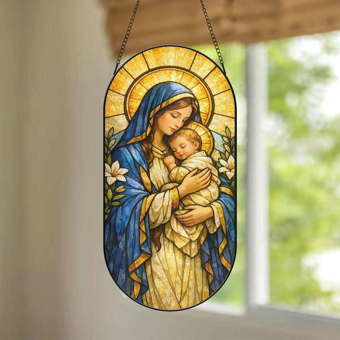 The Virgin Mary Holding Baby Jesus Stained Glass Suncatcher, Christian ...