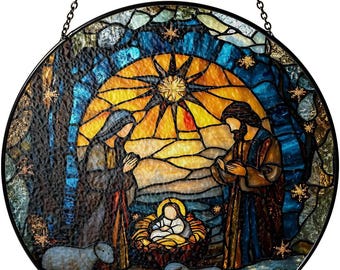 Nativity Stained Glass Suncatcher – Religious Christian Ornament, Catholic Window Hanging, Holy Family Christmas Decor