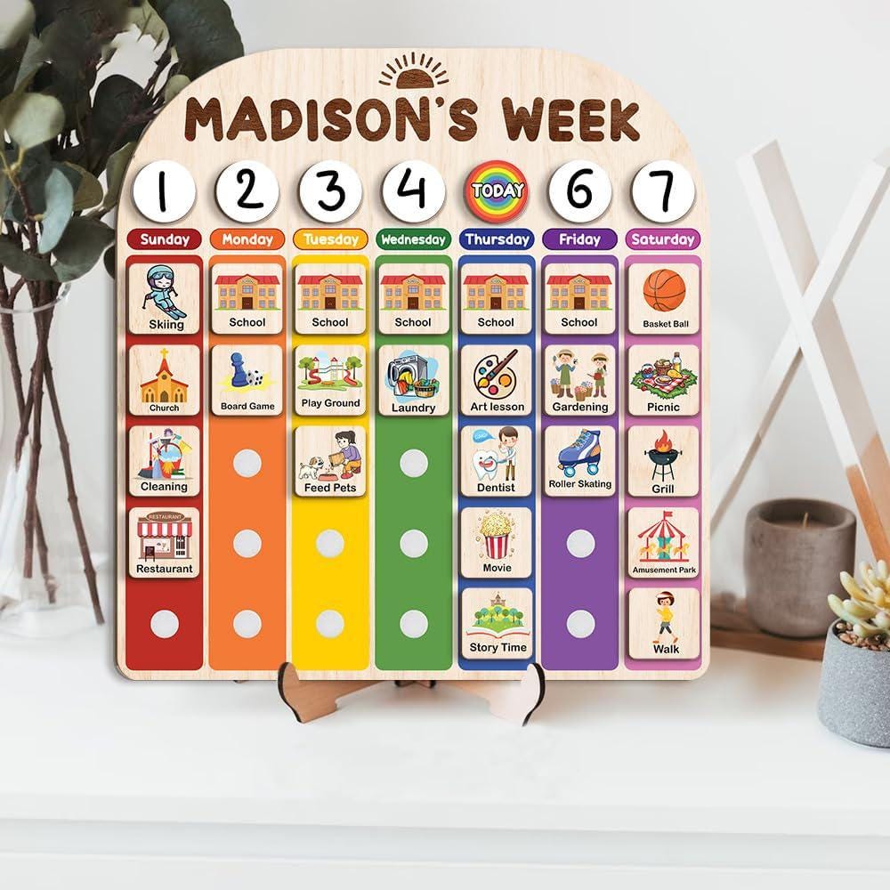 Personalized Weekly Calendar for Kids –Custom Wooden Routine Chart with 126 Activity Cards –Visual Schedule Gift for Toddlers & Preschoolers
