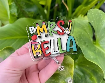 Personalized Teacher Badge Reel | Custom Name Acrylic ID Holder | School Supply Doodle Design | Teacher Appreciation Gift