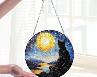 Black Cat Suncatcher: Stained Glass Style Celestial Window Decor