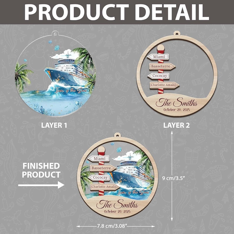 K&ouml;nnte beinhalten: Ein kreisf&ouml;rmiges, zweilagiges Ornament mit einem Kreuzfahrtschiff auf dem Wasser und einem Holzschild mit dem Text Miami, Basseterre, Cococay, Charlotte Amalie, The Smiths und October 20, 2025. Es misst 7,8 cm mal 9 cm.