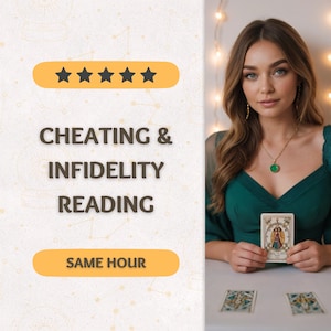 May include: Image features text: "CHEATING & INFIDELITY READING" with a five-star rating and "SAME HOUR" text. A woman in a green dress holds a tarot card. Two other tarot cards are on the table. The background has soft lighting.