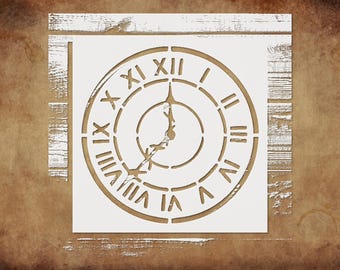 May include: A white stencil of a clock face with Roman numerals, set against a distressed brown background. The clock hands point to approximately 7 o'clock. The stencil is framed by a white, weathered wooden border.