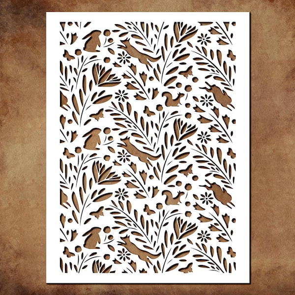 Forest Animals and Foliage Stencil – Reusable Woodland Pattern Template for DIY Crafts, Walls, and Furniture