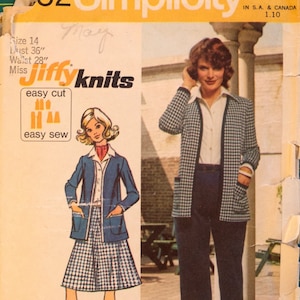 Simplicity 5452, Misses' Jiffy knit unlined cardigan, skirt and pants pattern. Size 14, bust 36 image 1