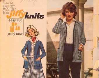 Simplicity 5452, Misses' Jiffy knit unlined cardigan, skirt and pants pattern.  Size 14, bust 36"