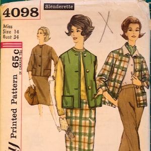 Simplicity 4098, Damen- und Damenjacke, ärmellose Jacke, Hose und Rockmuster. Größe 34, Oberweite 84cm