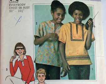1970's boys' and girls' pullover tops pattern. Simplicity 7996 size large chest 33