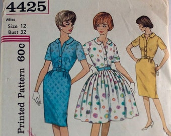 1960's womens one piece dress with two skirts pattern Simplicity 4425 size 12 bust 32