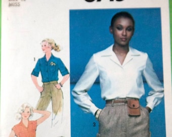 Vintage 1970s womens pattern -- Simplicity blouse and tie belt size 14 UNCUT